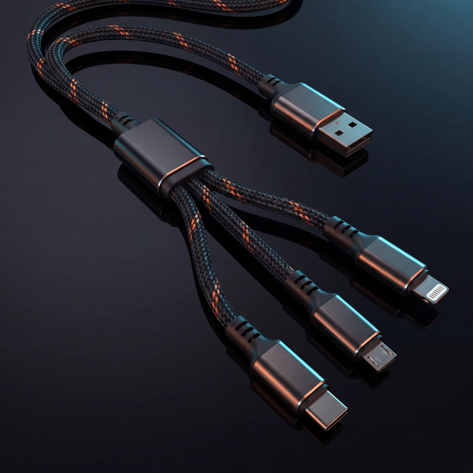 Câble 4-en-1 · USB-A + USB-C → Lightning + Micro + USB-C